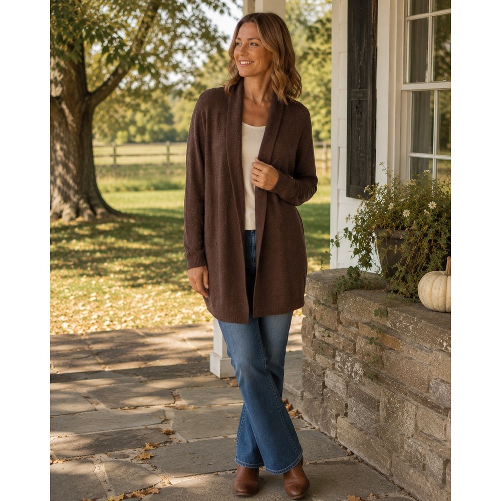 Tweeds Brown 100% Italian Merino Wool Large Open Front Shawl Collar Cardigan